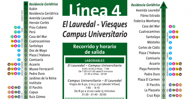 Tabla de horarios y frecuencias de paso Línea 4: Lauredal - Campus Universitario (Viesques)