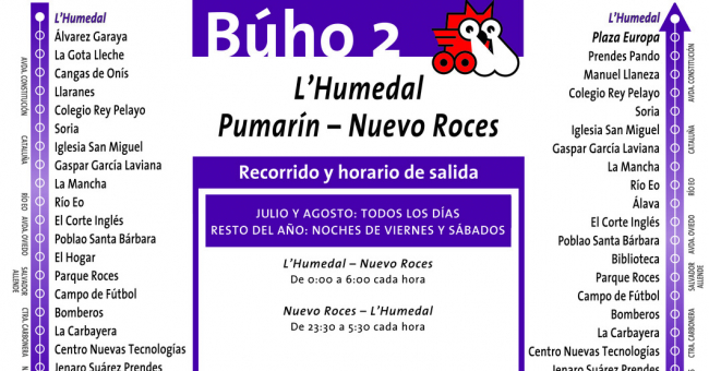Tabla de horarios y frecuencias de paso Línea B2: Nuevo Roces - Pumarin - Plaza Humedal (Búho)