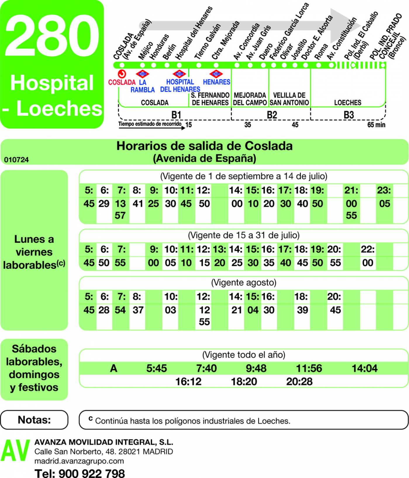 Horarios de autobús 280: Coslada (RENFE) - Hospital - Loeches