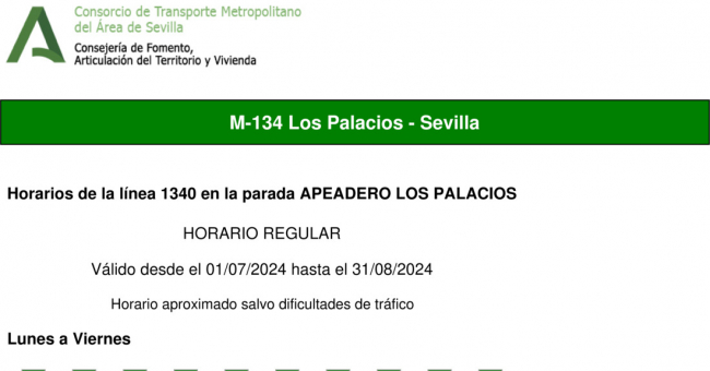 Tabla de horarios y frecuencias de paso en sentido ida Línea M-134: Sevilla - Los Palacios (Hospital Tomillar) (recorrido 1)
