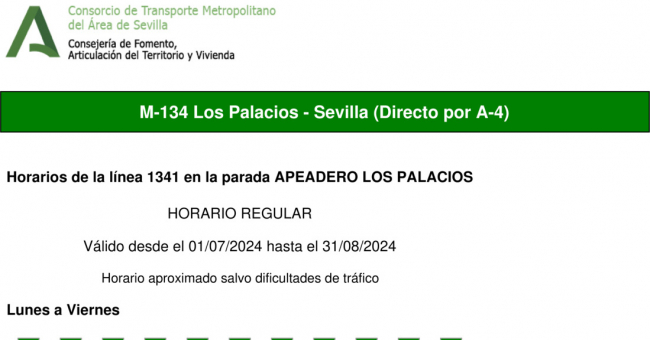 Tabla de horarios y frecuencias de paso en sentido ida Línea M-134: Sevilla - Los Palacios (Hospital Tomillar) (recorrido 2)