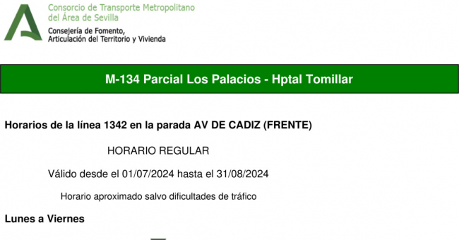 Tabla de horarios y frecuencias de paso en sentido ida Línea M-134: Sevilla - Los Palacios (Hospital Tomillar) (recorrido 3)