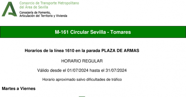 Tabla de horarios y frecuencias de paso en sentido ida Línea M-161: Sevilla - Tomares (Circular) (recorrido 1)