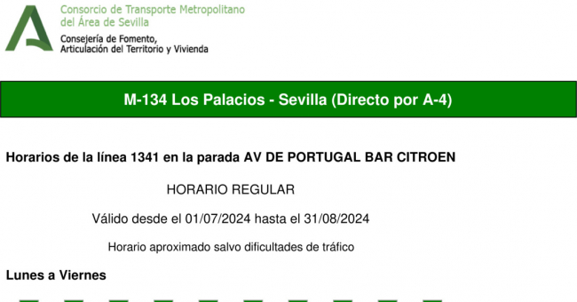 Tabla de horarios y frecuencias de paso en sentido vuelta Línea M-134: Sevilla - Los Palacios (Hospital Tomillar) (recorrido 2)
