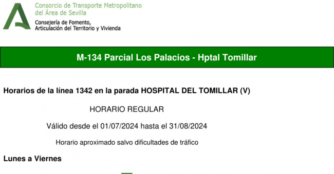 Tabla de horarios y frecuencias de paso en sentido vuelta Línea M-134: Sevilla - Los Palacios (Hospital Tomillar) (recorrido 3)